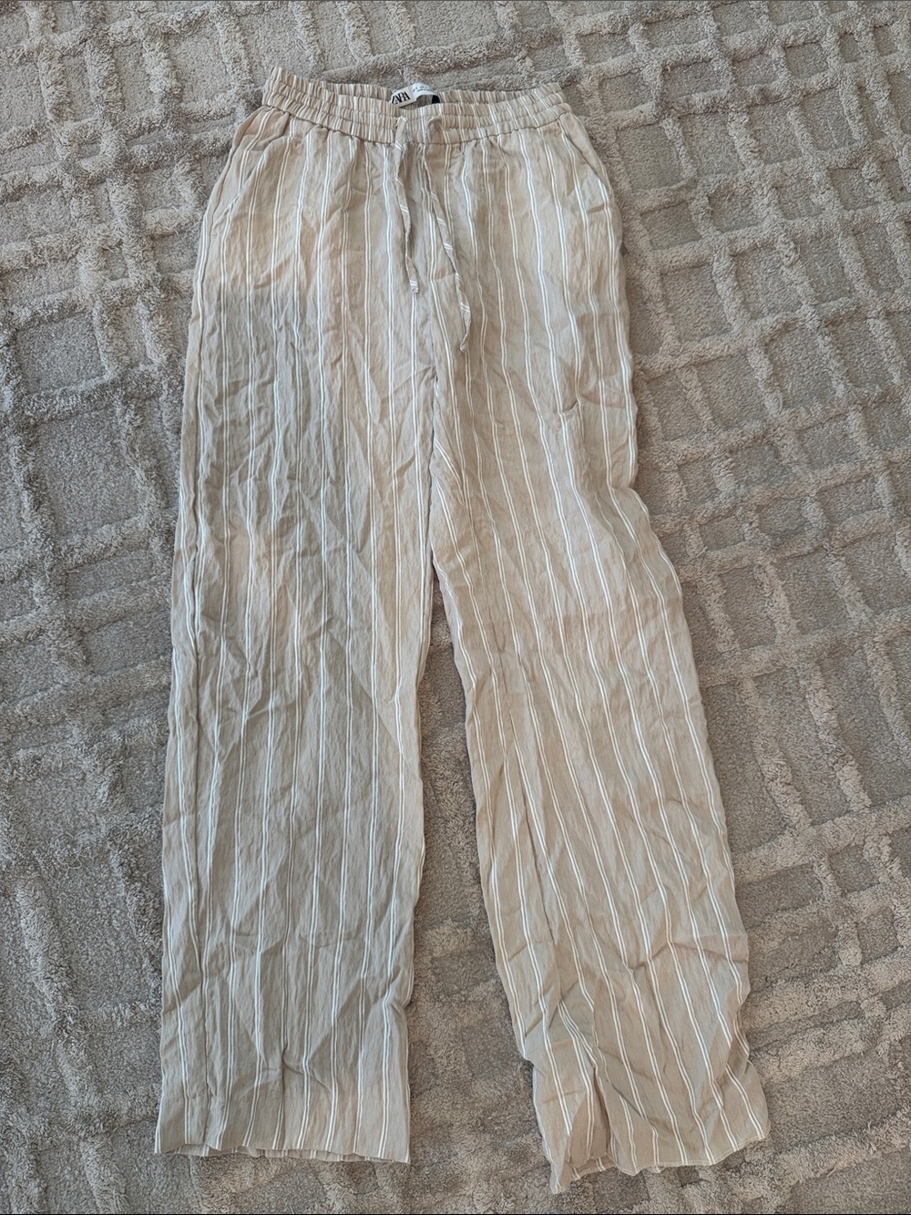 Zara Beige Striped Wide-Leg Linen Trousers